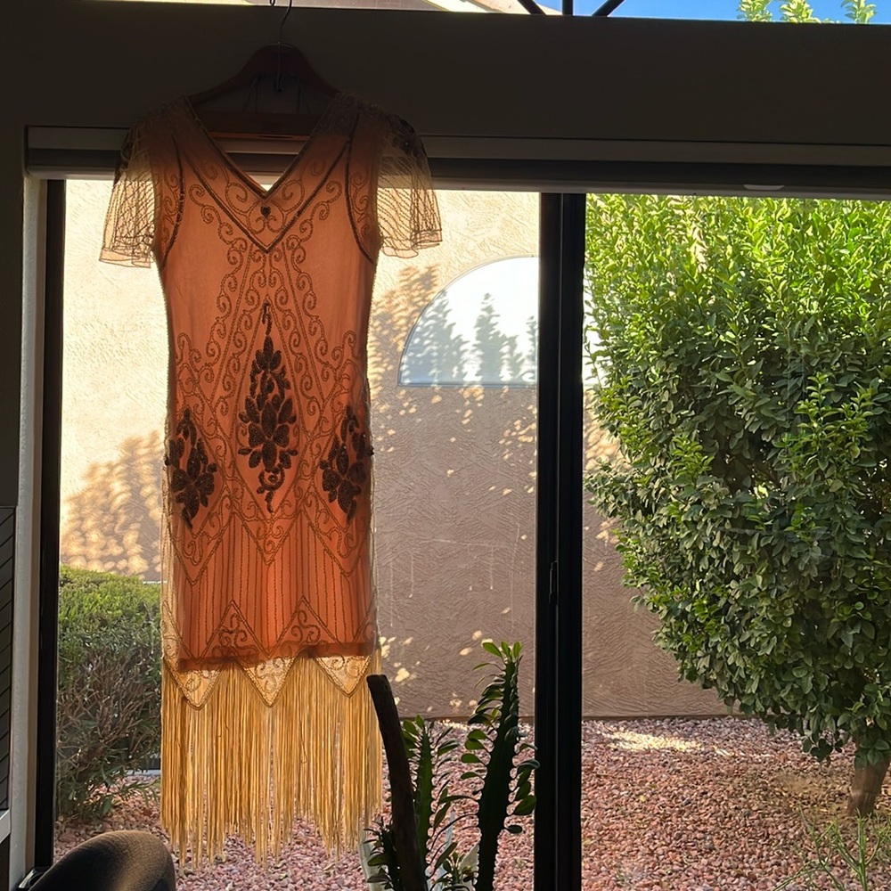 Vintage Reproduction Beaded Midi/Maxi Dress Light Rose Gold background